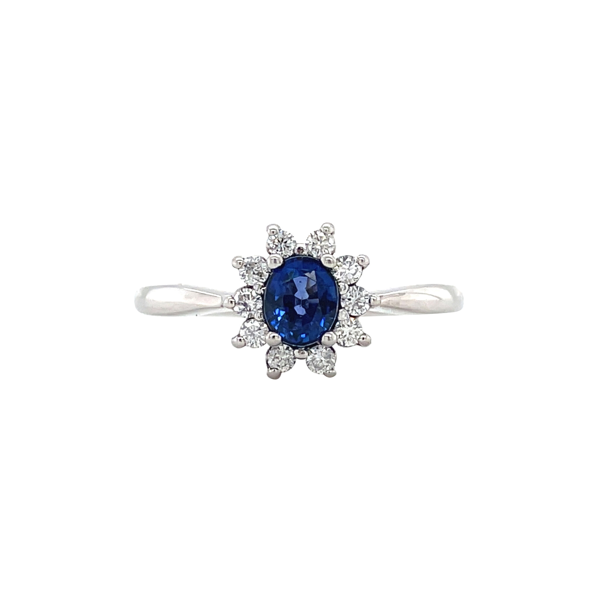 Witgouden ring met saffier en diamant 14 krt